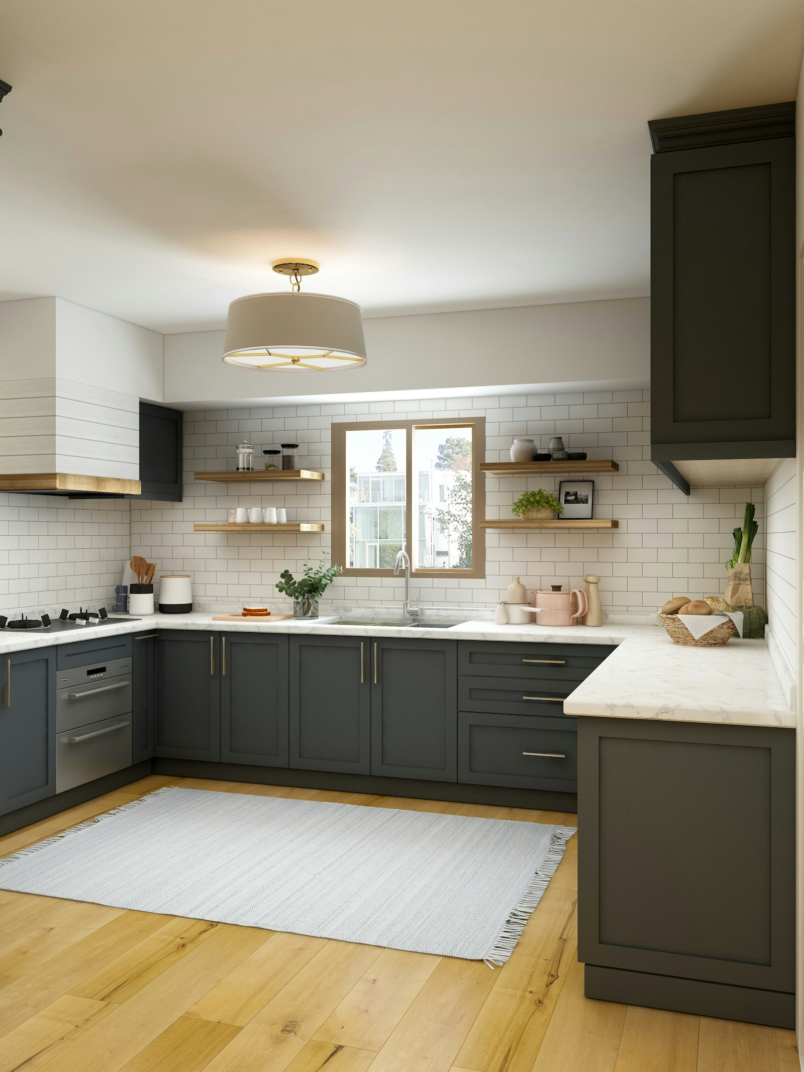 Freshly painted kitchen cabinets with a smooth, durable finish in deep charcoal