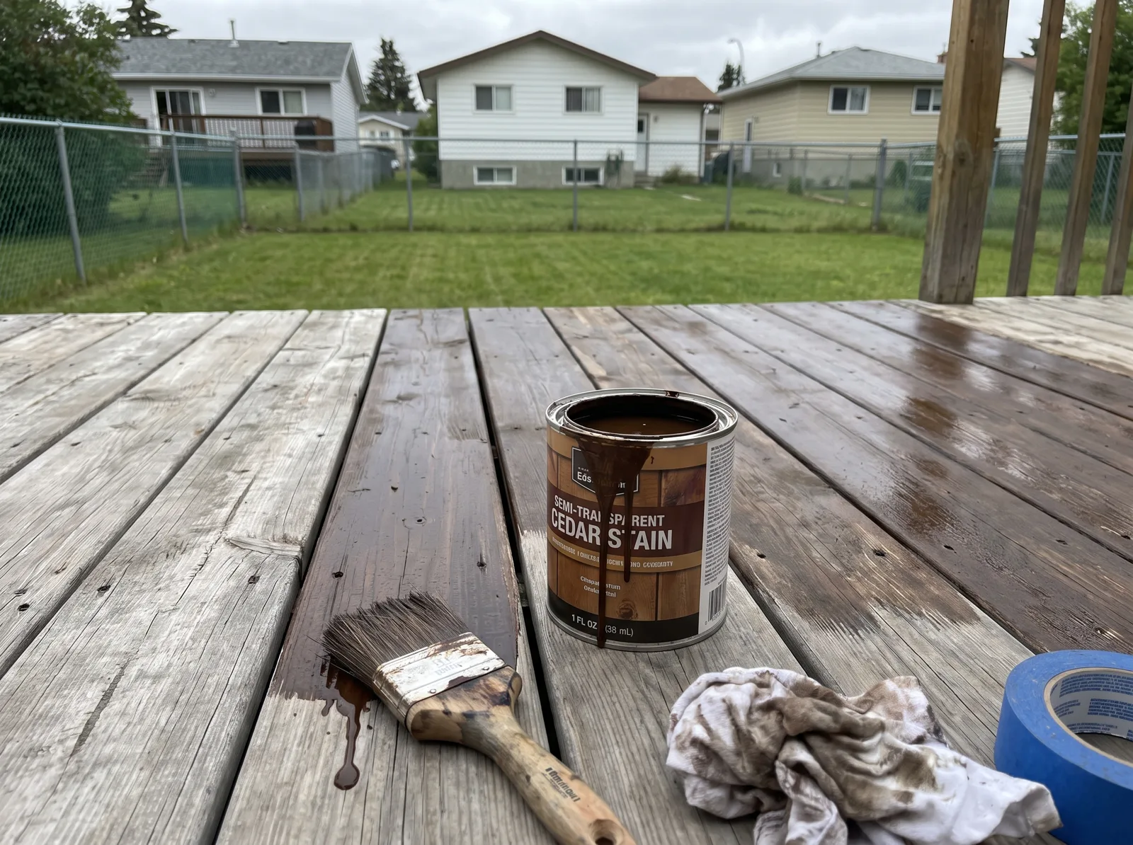 A freshly stained and sealed backyard wood deck with matching railings, set against evergreen forest