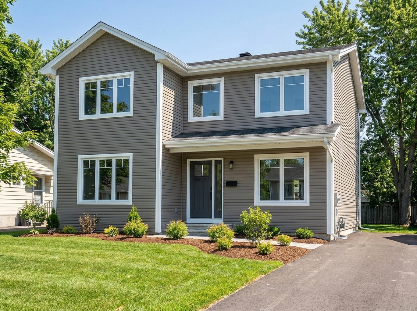 Freshly repainted two-storey home exterior with grey siding and crisp white trim