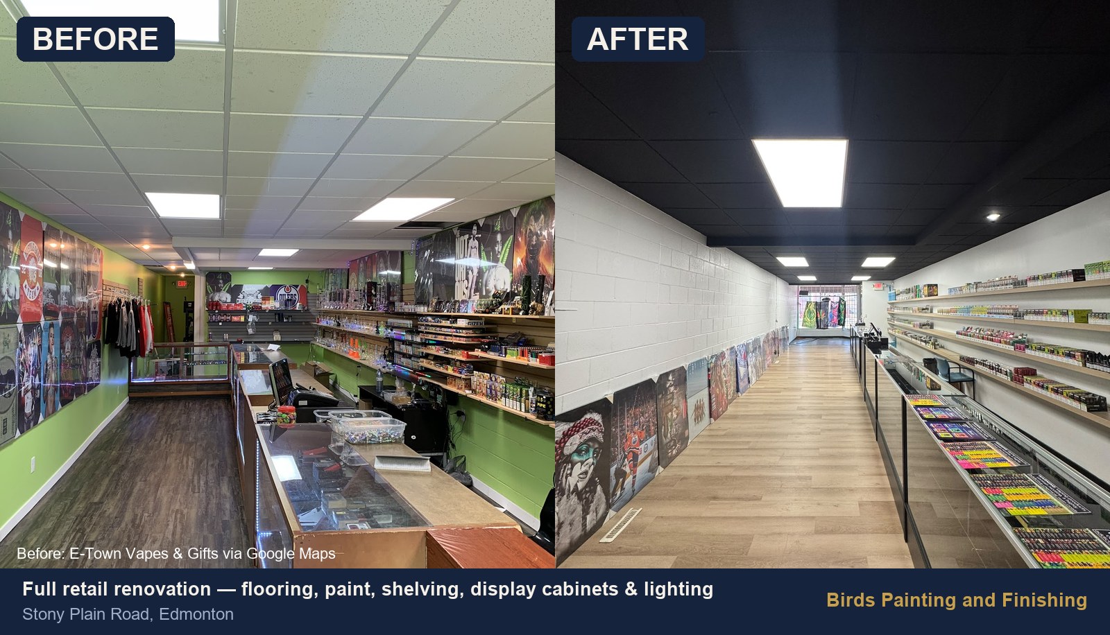 Before and after of a full retail renovation on Stony Plain Road, Edmonton: dated green-walled store transformed with new flooring, white paint, black ceiling, shelving, display cabinets and lighting